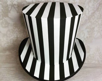 Chapeau à rayures noires et blanches, chapeau haut de forme non décoré, chapeau haut de forme noir et blanc, chapeau de festival, chapeau à décorer, chapeau de costume de cosplay