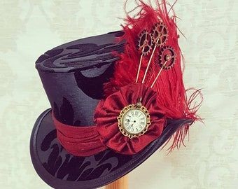 Black Brocade Steampunk Mini Top Hat, Victorian Gothic with Red Rosettes & Feathers