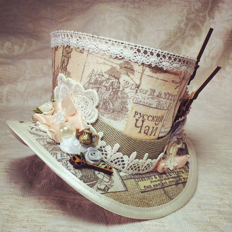 Steampunk Wedding Hat, Wedding Hat, Alice Tea Party, Steampunk hat, Wedding Fascinator, Mini Top hat, handmade hat, millinery made, luxury image 4