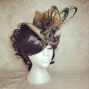 Victorian percher hat, midi top hat with turquoise velvet and peacock feathers. Steampunk cosplay, Steampunk top hat, Renaissance costume image 4