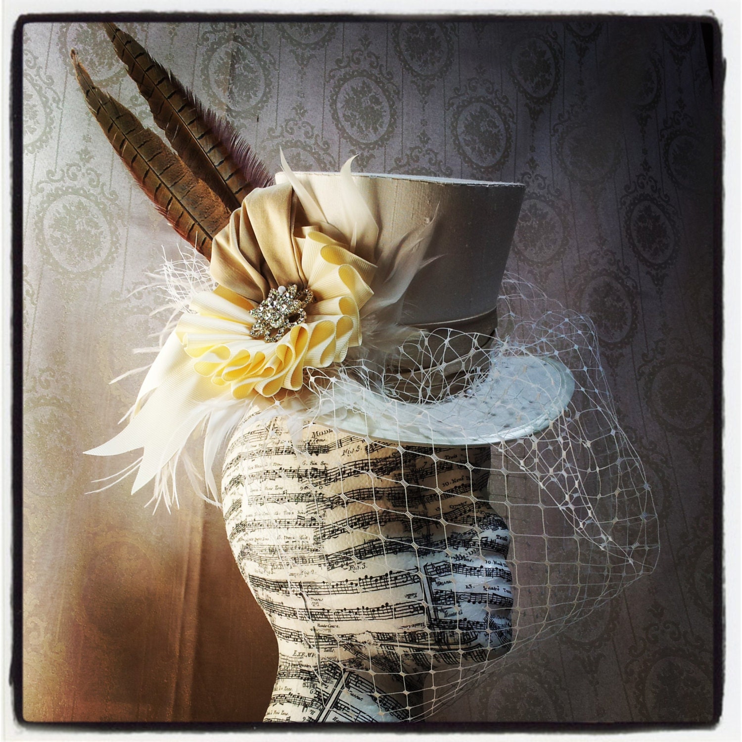 Victorian Wedding Percher Top Hat, Birdcage Veil Fascinator 