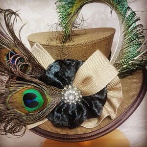 Victorian percher hat, midi top hat with turquoise velvet and peacock feathers. Steampunk cosplay, Steampunk top hat, Renaissance costume image 2