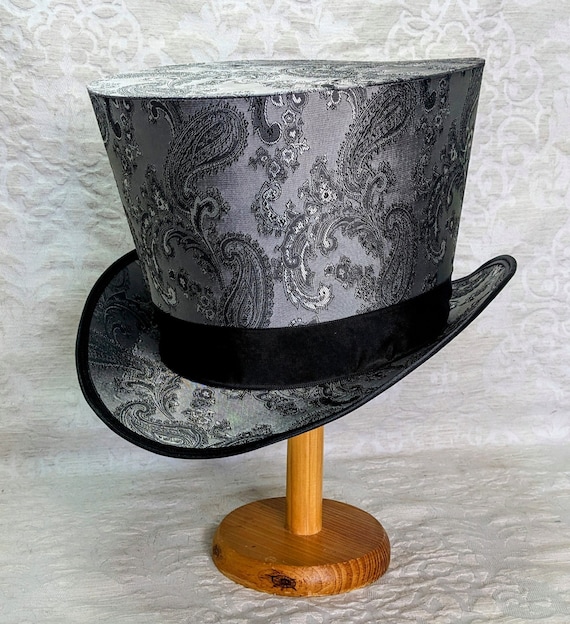 Grey top hat, steampunk top hat, silver hat, historic hat, paisley hat, cosplay costume hat, classic top hat, festival hat, convention hat