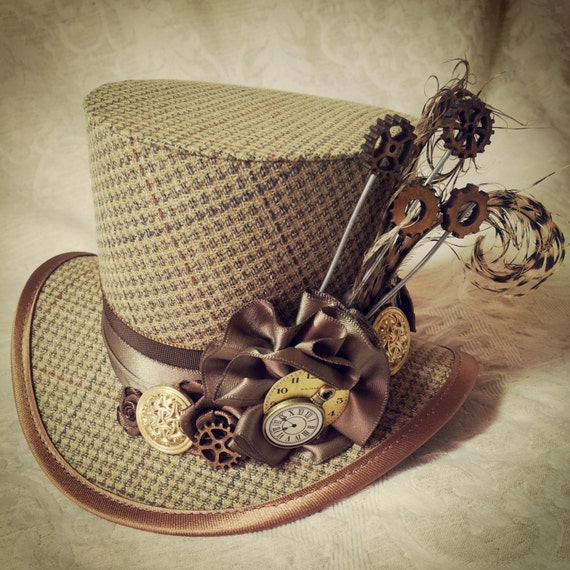 Cappello a cilindro in tweed marrone, cappello steampunk, mini