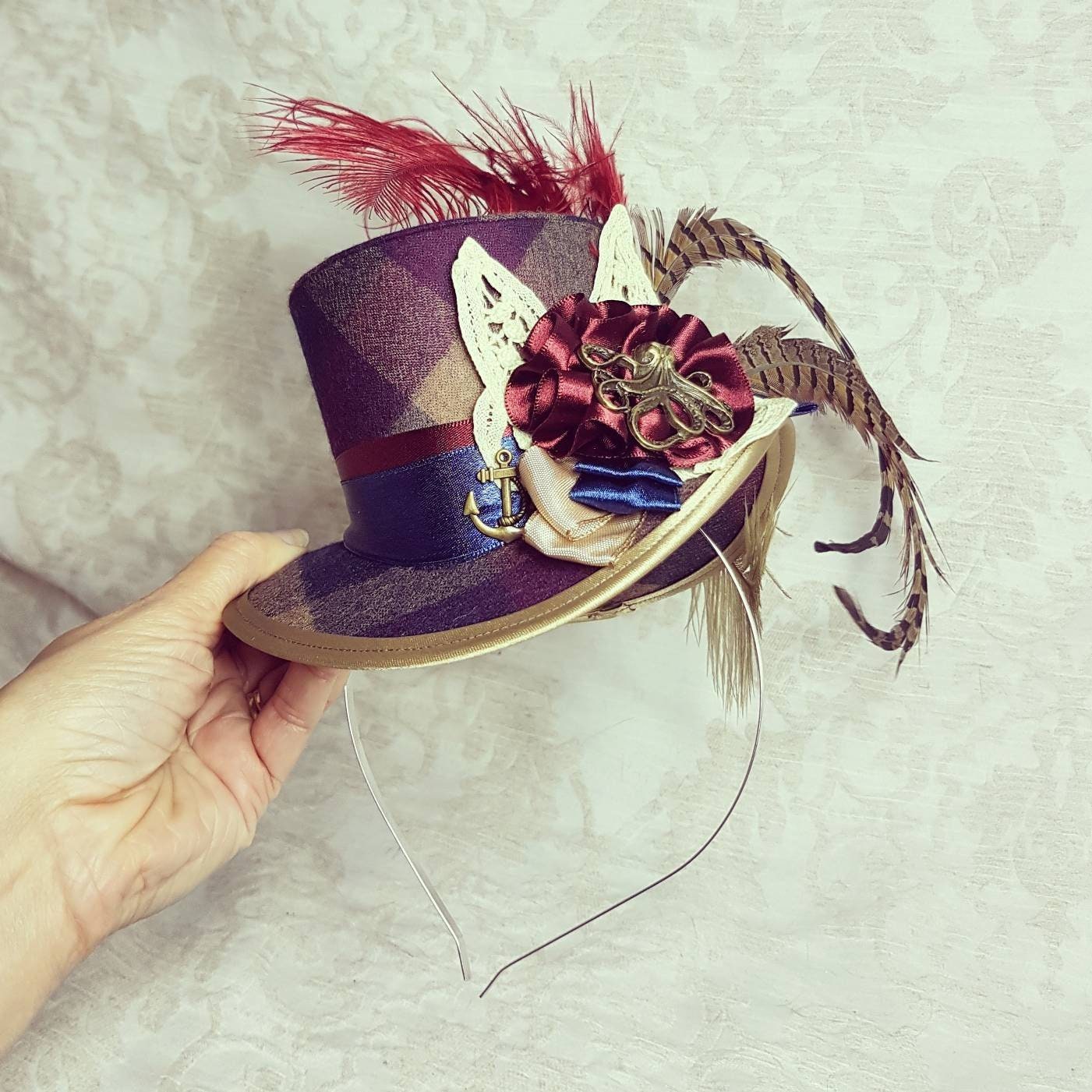 Steampunk Commander Tophat With Long Fabric Tail and Gear Charms Top Hat with Goggles | 6 main image 3