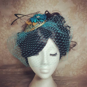 Peacock Feather Fascinator, Turquoise Silk Brocade, Wedding Races Headband