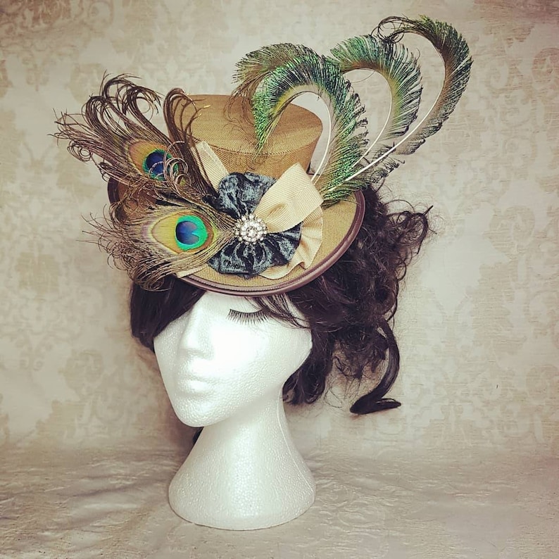 Victorian percher hat, midi top hat with turquoise velvet and peacock feathers. Steampunk cosplay, Steampunk top hat, Renaissance costume image 3