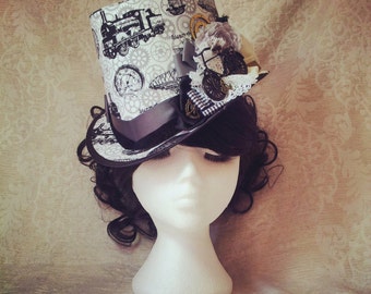 Black and White Steampunk Hat, Top Hat, Gothic Hat, Cosplay costume, Women Steampunk Hats, Festival hat, full size top hat, Unisex hat