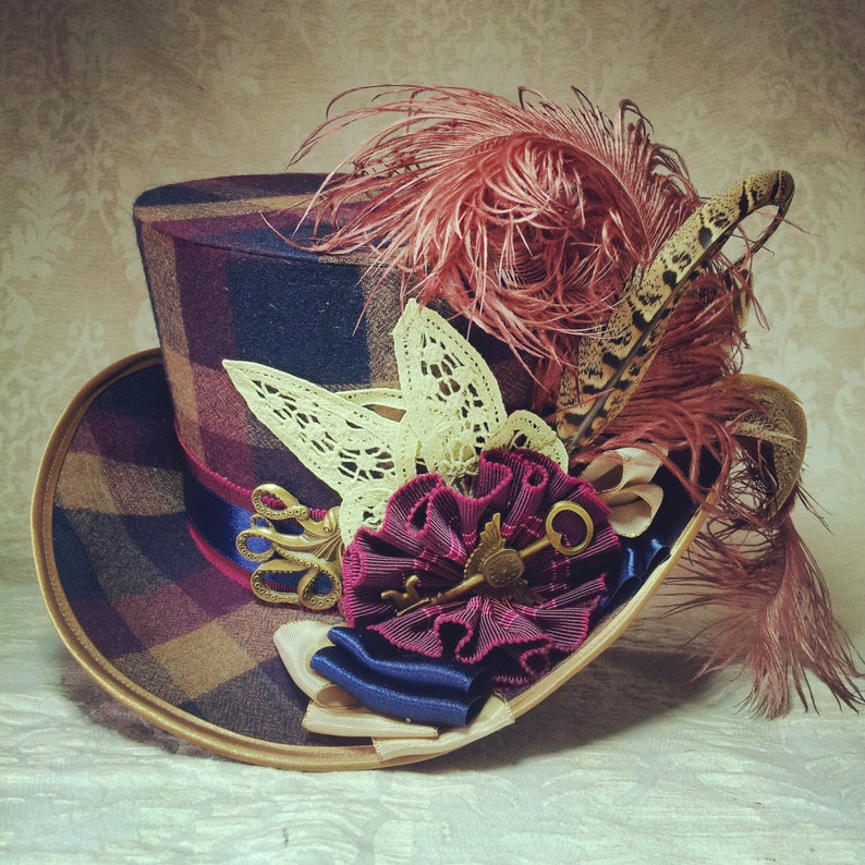 Steampunk hat, Full Size Top Hat, Plaid brown top hat, Wonderland Wedding, Cosplay hat, Steampunk Wedding, Festival Hat, Cabaret costume image 2