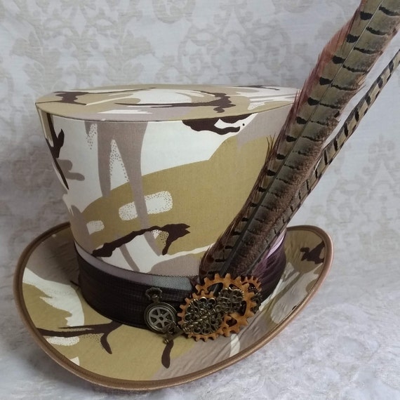 Brown and Gray Steampunk Top Hat cameo design? Steampunk Brown Top Hat with Peacock Feather and Gears main image 3