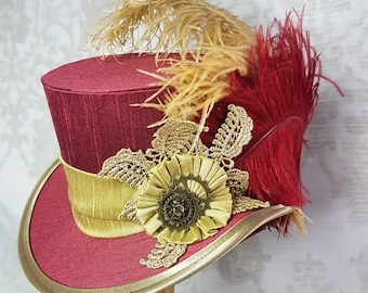 Mini chapeau haut de forme rouge et or, chapeau Steampunk, chapeau gothique Lolita, mariage Steampunk, mariage victorien, mariage gothique, chapeau bandeau rouge