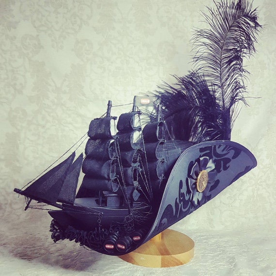 Black Tricorn pinch hat for Pirate festivals, historic costuming, renaissance fairs and LARP events.