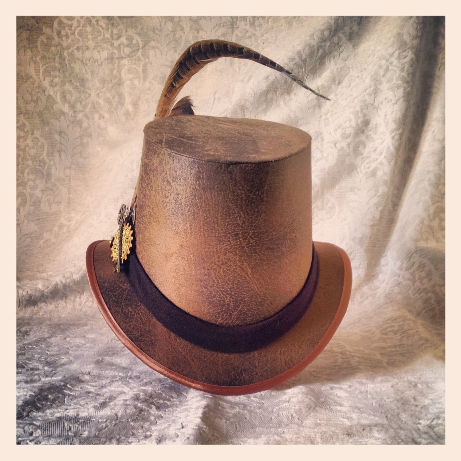 Handmade Steampunk Top Hat, Distressed Brown Leatherette  display picture 1