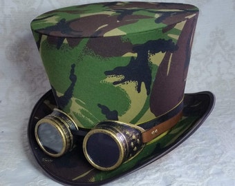 Chapeau haut de forme vert avec des lunettes pour les festivals, steampunk, dieselpunk LARP ou juste une déclaration !