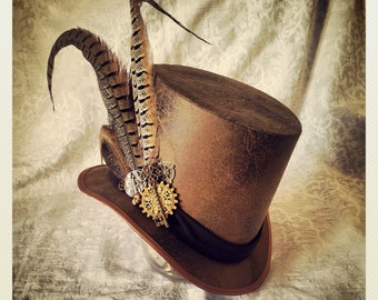 Steampunk Leatherette Top Hat, Feather & Gear Embellished - Etsy display picture 1