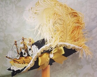 Pirate Tricorn Hat mini for women, Pinch Buccaneer hat with model ship & feathers