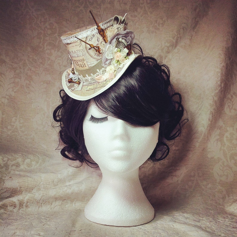 Steampunk Wedding Hat, Wedding Hat, Alice Tea Party, Steampunk hat, Wedding Fascinator, Mini Top hat, handmade hat, millinery made, luxury image 3