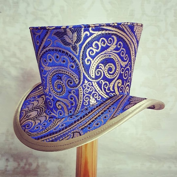 Blue Brocade Mini Top Hat, Steampunk Hatinator