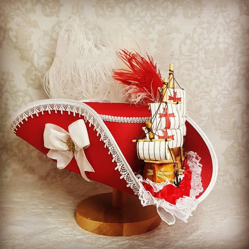 Red pirate hat, Buccaneer tricorn hat for Pirate Festivals, Renaissance Faire and LARP image 8