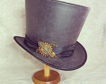 Sombrero de copa steampunk de piel sintética negra, sombrero de disfraz adornado con engranajes