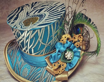 Teal Peacock Feather Mini Top Hat, Steampunk Costume