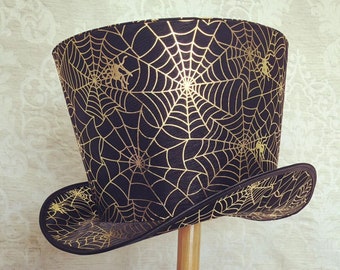 Halloween black and gold hat, spiderweb hat for costuming, festivals, stage or theatre. Halloween hat, LARP, Stage costume, Gothic fashion.