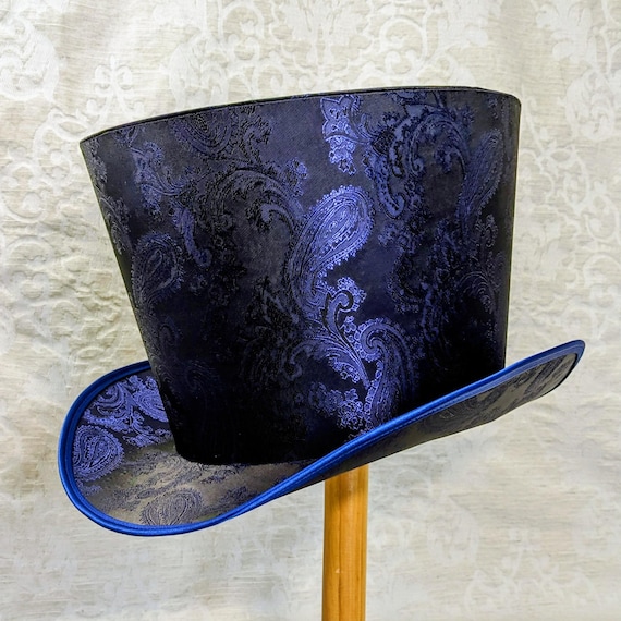 Handmade Blue Top Hat: Navy blue two tone paisley fabric, Formal Hat for Races and Weddings