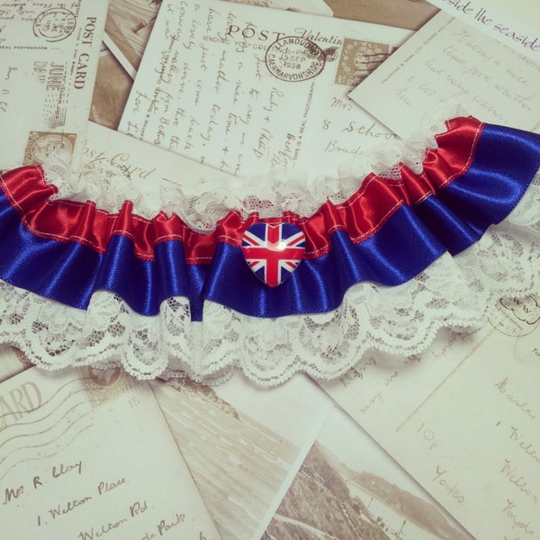 Garter - British, Empire, Union Jack, Queen, Heart, Great Britain - Red, white and blue, vintage, union jack button, satin ribbon, lace.
