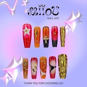 3D Gold Rose Y2K Press-On Nails with Rhinestones & Cross, Handmade Red Black French Nail Art, Elegant Stylish Gift for Her Holidays