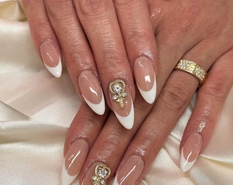 French Tip Press On Nails: Custom Handmade Gel Faux Acrylics | Gems Charm Fake nails | Press on nail short | Elegant White Pink Nail Art