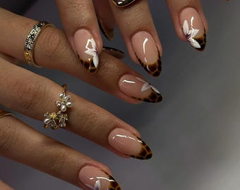 Fall Nails | Tortoise shell nails | Bloom Floral Nails Brown Nails | French Nails Fall Amber Press on nails Short Almond | Leopard Nails