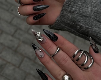 Gothic Luxe Spike Press On Nails | Black Studded Nails | Black & Silver Punk Nails | 3D Chain Nail Art | Stiletto Statement Nails