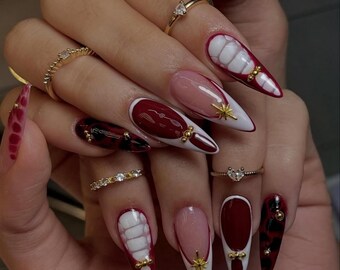 Luxury Burgundy Press On Nails | Elegant Red Ombre Fake Nails | Wine Red Nail Art | French Tip Nail Art | Elegant Nails | Handmade Nails