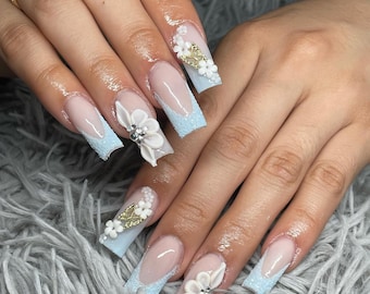 Aqua Winter Press On Nägel | Blaue Glitzer-Schneeflocke-Nägel | Winter Nail Art | Urlaub Frost Press-Ons | Weihnachtsnägel | 3D Blumen Nägel