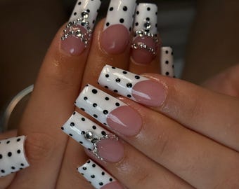 Silver Charm Polka Dot French Tip Press On Nails - Long Coffin | White & Black Stiletto Nail Art | Handmade Elegant Nails | French tip nails