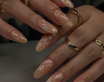 Milky White Gold Nails | Elegant Press On Nails | Hand Made Short Almond Nails | Wedding Nails | Bridal Press On Nails | Clean Girl Style