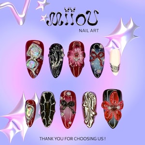 Red Black Y2K Press-On Nails with Silver Marble & 3D Rose, Handmade Rhinestone Nail Art with Black Bow – Perfect Gift for Her