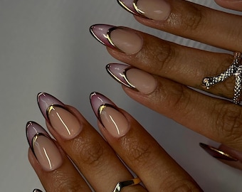 Purple Press On Nails | Long Almond Cat Eye Aura Nails | Gold French Set | Swirl nails | Purple Nails | Aura Nail | Fall Nails French Nails