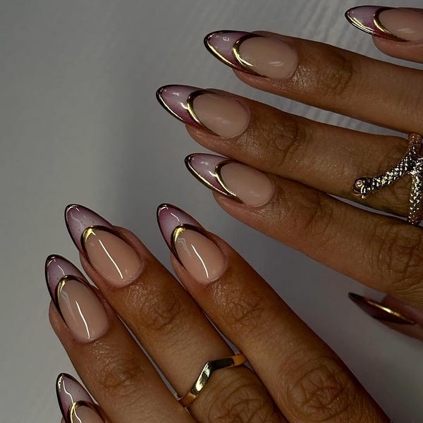 Purple Press On Nails | Long Almond Cat Eye Aura Nails | Gold French Set | Swirl nails | Purple Nails | Aura Nail | Fall Nails French Nails
