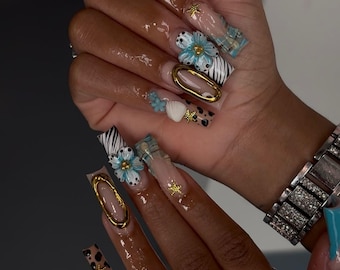 Luxury Animal Print Press On Nails | Long Coffin 3D Floral Nails | Zebra Leopard Gold Edge | Star Charm Press Ons
