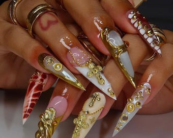 Freestyle Luxury Baroque Gold 3D Press On Nails with Cross Pearl Gem Design, Long Almond Handmade Gothic Nail Art Set For Party, Birthday