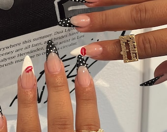 Black & White Press On Nails | Medium Stiletto French Tip Nails | Polka Dot Lipstick Nail Art | Chic Fashion Press Ons
