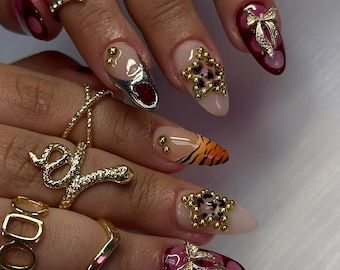 Gold Cross Gothic Press On Nails | Gothic Gold & Deep Burgundy Nail Art | Handmade Almond Nails | Elegant Fake Nails | Gold Cross Nail Art