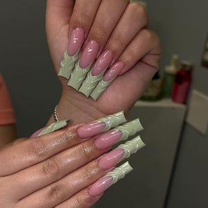 Elegant Sage Green 3D Textured V-French Press On Nails - Long Square - Minimalist Elegant Handmade Nail Art for Spring & Everyday Wear