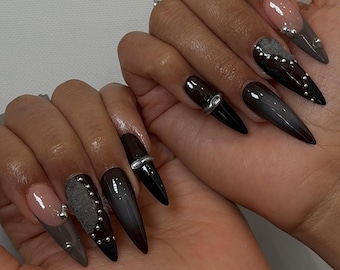 Black Midnight Ombre Press On Nails | Long Stiletto Dark Grey Black Nails | Silver Charm Rhinestone Nails | Handmade Statement Press Ons
