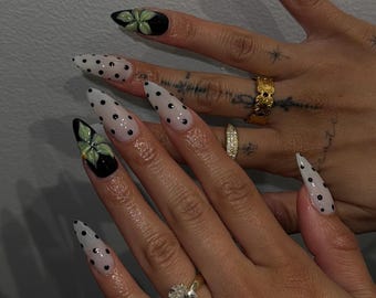 Luxe Polka Dot Press On Nails | White French Tip with Black Dots Nail Art | 3D Pink Flower Accent Nails | Handmade Long Almond Nails