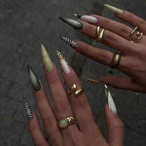 Safari Jungle Nails | Long Stiletto Press On Nails | Leopard Zebra Print with Neon Green & Gold Chrome | Y2K Statement False Nails