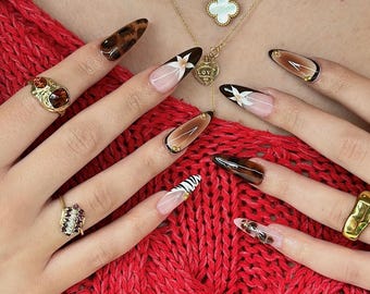 Brown Bloom Fall Press On Nails | Brown Swirl Nail Art with 3D Flower | Luxury Neutral Nails | Elegant Long Stiletto Press Ons