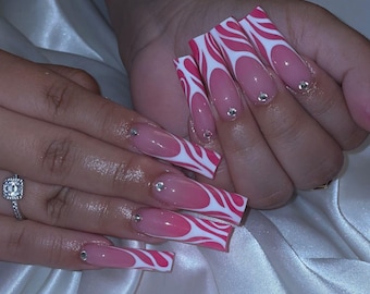 Hand-Painted Acrylic Pink and White Wild Swirl Long Square Press On Nails | Luxury Y2K Aesthetic | Rhinestone Accent | Summer Nails