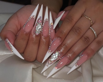 XL Stiletto Bling French Tip Press On Nails | Luxury Rhinestone Wedding Nail Art | Handmade Sparkly Glitter Party Fake Nails | Custom Nails